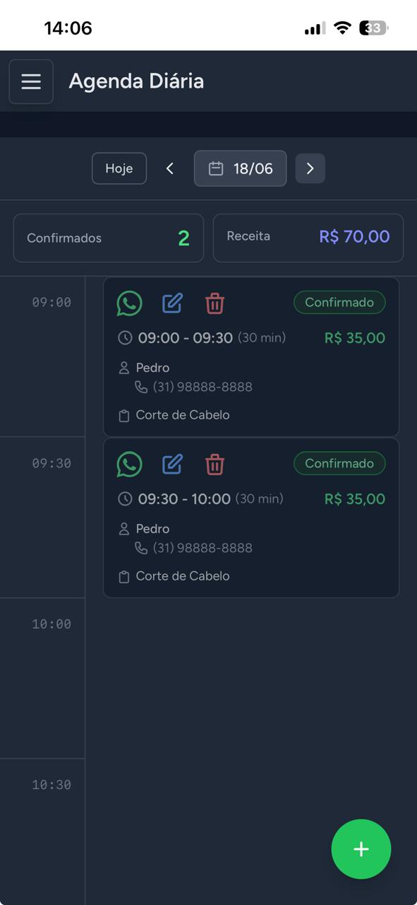 Painel AgePix: agenda do dia com horários e clientes